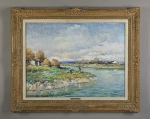KARPOFF IVAN (1898 - 1970) : Paesaggio fluviale con personaggi  - Asta Asta 381 | ARTE ANTICA E DEL XIX SECOLO - Dipinti del XIX secolo  Online - Associazione Nazionale - Case d'Asta italiane
