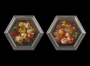 ARTISTA DEL XX SECOLO - Coppia di nature morte di fiori e frutta
