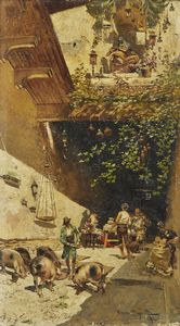 PELLEGRINI RICCARDO (1863 - 1934) - Scorcio di cortile con personaggi