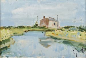 ZANUTTO RENZO (1909 - 1979) - Paesaggio fluviale con casa