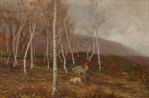 VERAZZI (1875-?) SERAFINO - Paesaggio con contadina e pecorelle