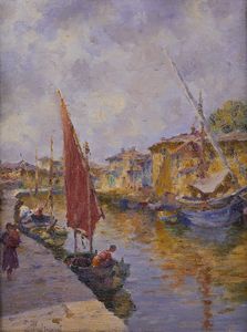 PALTRINIERI ORESTE (1873 - 1966) - Paesaggio fluviale con personaggi e barche