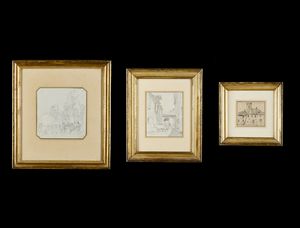 Scuola italiana del XIX secolo - Gruppo di tre disegni raffiguranti paesaggi con edifici e scena cittardina