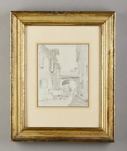 Scuola italiana del XIX secolo : Gruppo di tre disegni raffiguranti paesaggi con edifici e scena cittardina  - Asta Asta 381 | ARTE ANTICA E DEL XIX SECOLO - Dipinti del XIX secolo  Online - Associazione Nazionale - Case d'Asta italiane
