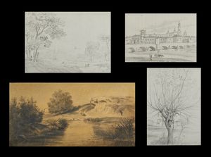 Scuola italiana del XIX secolo - Gruppo di quattro disegni raffiguranti paesaggi
