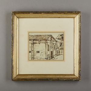 Scuola italiana del XIX secolo : Fronte di chiesa.  - Asta Asta 381 | ARTE ANTICA E DEL XIX SECOLO - Dipinti del XIX secolo  Online - Associazione Nazionale - Case d'Asta italiane