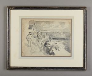 Scuola italiana del XIX secolo - Due disegni raffiguranti uno Studio di figure e Personaggi al porto