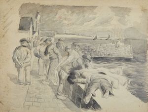 Scuola italiana del XIX secolo : Due disegni raffiguranti uno Studio di figure e Personaggi al porto  - Asta Asta 381 | ARTE ANTICA E DEL XIX SECOLO - Dipinti del XIX secolo  Online - Associazione Nazionale - Case d'Asta italiane