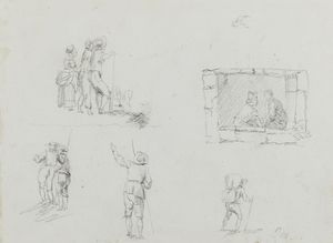 Scuola italiana del XIX secolo : Due disegni raffiguranti uno Studio di figure e Personaggi al porto  - Asta Asta 381 | ARTE ANTICA E DEL XIX SECOLO - Dipinti del XIX secolo  Online - Associazione Nazionale - Case d'Asta italiane