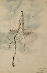BIANCHI MOSE' (1840 - 1904) - Paesaggio con campanile e alberi