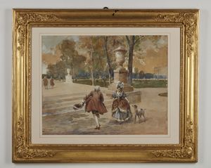 BELTRAME ACHILLE (1871 - 1945) : Scena galante in giardino  - Asta Asta 381 | ARTE ANTICA E DEL XIX SECOLO - Dipinti del XIX secolo  Online - Associazione Nazionale - Case d'Asta italiane