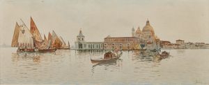 BORTOLUZZI PIETRO (1875 - 1937) - Punta della Dogana e la Basilica della Salute a Venezia