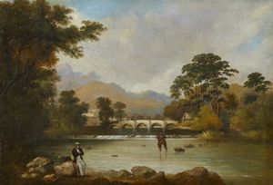 Artista inglese del XIX secolo - Paesaggio fluviale con pescatori