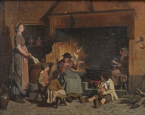 ARTISTA LOMBARDO DEL XIX SECOLO - Scena di vita domestica