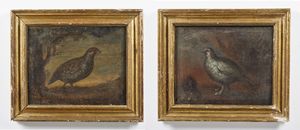 ARTISTA DEL XIX SECOLO - Coppia di dipinti raffiguranti paesaggi con volatili