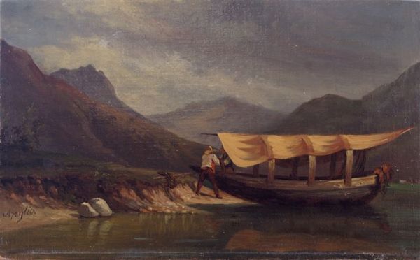 D'AZEGLIO MASSIMO (Taparelli Massimo) Torino 1798 - 1866 Vita di lago con barca  - Asta Asta 144 - Dipinti - Associazione Nazionale - Case d'Asta italiane