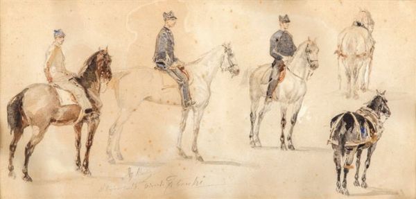 DE ALBERTIS SEBASTIANO Milano 1828 - 1897 Schizzi di cavalli e cavalieri  - Asta Asta 144 - Dipinti - Associazione Nazionale - Case d'Asta italiane