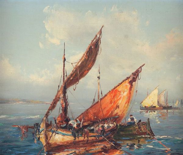 LAPSHIN GEORGES Russia 1885-1951 Barche di pescatori  - Asta Asta 144 - Dipinti - Associazione Nazionale - Case d'Asta italiane