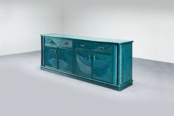 VIVAI DEL SUD : Credenza in vimini laccato  Anni '70 cm 81x208x47  - Asta Design e illuminazione - Associazione Nazionale - Case d'Asta italiane