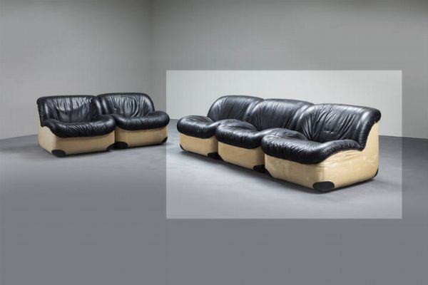 SWAN : Tre poltrone in tessuto e pelle. Anni '70 cm 65x76x84  - Asta Design e illuminazione - Associazione Nazionale - Case d'Asta italiane