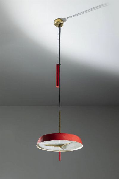 STILNOVO : Lampada a saliscendi in alluminio verniciato  ottone  metallo satinato anni '50 Etichetta del Produttore diam cm 40  - Asta Design e illuminazione - Associazione Nazionale - Case d'Asta italiane