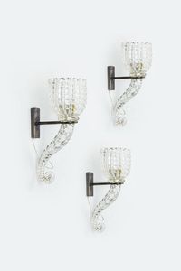 SEGUSO - Tre lampade a parete in vetro cordonato di forte spessore e metallo. Anni '50 cm 45x20