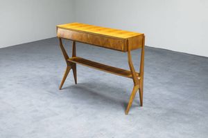 PRODUZIONE ITALIANA - Console in legno con due cassetti sotto il piano. Anni '50 cm 85x11x38