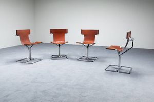 GUIDO FALESCHINI - Quattro sedie in metallo cromato  sedute in cuoio. Prod. Acerbis anni '70 cm 84x52 5x50
