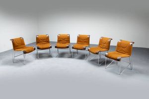 GUIDO FALESCHINI - Sei sedie con struttura in tubolare d'acciaio  imbottitura rivestita in pelle e alkantara. Prod. Mariani anni  [..]