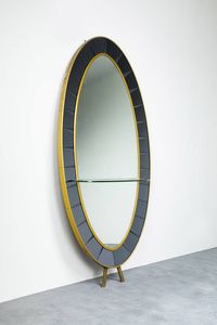 CRISTAL ART - Specchiera con mensola  cornice in vetri fum  bordo in ottone. Anni '60 cm 200x101