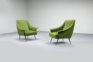 PRODUZIONE ITALIANA - Coppia di poltrone con imbottitura rivestita in tessuto. Anni '50 cm 83x77x74