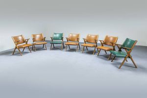 DAL VERA SPA - Sette poltroncine in legno e skai. Anni '50 cm 75x59x5x64