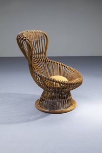 FRANCO ALBINI - Poltrona in vimini e canna d'India intrecciata. Anni '50 cm 94x70x69