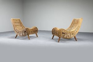 PRODUZIONE ITALIANA - Coppia poltrone in vimini e bamboo. Anni '60 cm 80x66x80