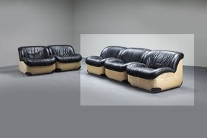 SWAN - Tre poltrone in tessuto e pelle. Anni '70 cm 65x76x84