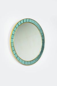 CRISTAL ART - Specchio di forma rotonda con cornice in vetro colorato  bordi in ottone. Anni '60 diam cm 100