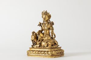 Scultura in bronzo dorato raffigurante Manjushri. Tibet, secolo XVIII  - Asta Arte orientale / 东方艺术 - Associazione Nazionale - Case d'Asta italiane