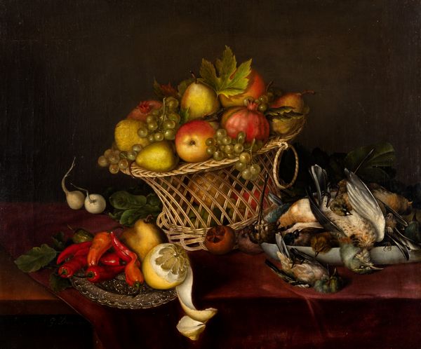 Scuola italiana prima metà del XIX secolo : Natura morta con peperoncini, limone, cesto di frutta e cacciagione  - Asta Arte figurativa tra XIX e XX Secolo - Associazione Nazionale - Case d'Asta italiane