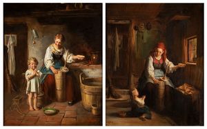 Pittore austriaco del XIX secolo - Coppia di scene d'interno