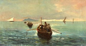 Rossi (Scuola napoletana del XX secolo) - Barche di pescatori con Capri sullo sfondo