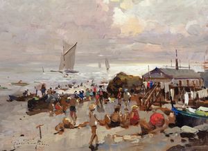 Felice Giordano - Coppia di dipinti con bagnanti a Capri e lavandaie