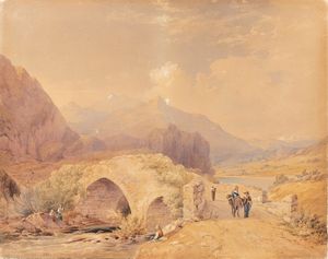 Attribuito a Giovanni Renica (Montirone 1808 - Brescia 1884) - Paesaggio con popolani