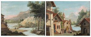 Scuola lombarda, secolo XIX - La processione e Paesaggio con viandanti