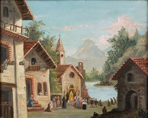 Scuola lombarda, secolo XIX : La processione e Paesaggio con viandanti  - Asta Arte figurativa tra XIX e XX Secolo - Associazione Nazionale - Case d'Asta italiane