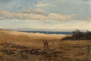 Giuseppe Haimann : Africa, sul cammello presso il mare  - Asta Arte figurativa tra XIX e XX Secolo - Associazione Nazionale - Case d'Asta italiane