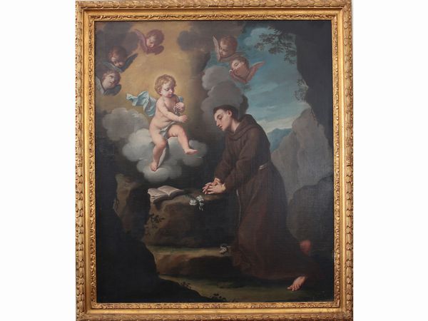Scuola emiliana del XVIII secolo : Apparizione di Ges� Bambino a Sant'Antonio  - Asta L'arte di arredare - Associazione Nazionale - Case d'Asta italiane