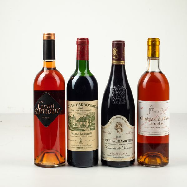 Grain d'Amour, Muscat doux de Hambourg<BR>Chateau Carbonnieux, Pessac Leognan<BR>Gerard Seguin, Gevrey Chambertin Signature du Domaine<BR>Chateau du Cros, Louipiac  - Asta Winter Wine Auction - Associazione Nazionale - Case d'Asta italiane