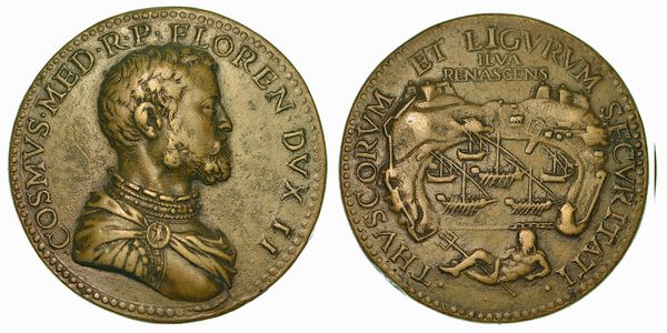 FIRENZE. Cosimo I de' Medici, 1519-1574. Fortificazione del porto di Porto Ferrario a difesa di Toscana e Liguria. Medaglia in bronzo.  - Asta Numismatica - Associazione Nazionale - Case d'Asta italiane