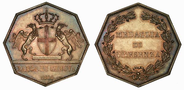 GENOVA. Banca di Genova. Medaglia ottagonale di presenza in argento 1844.  - Asta Numismatica - Associazione Nazionale - Case d'Asta italiane