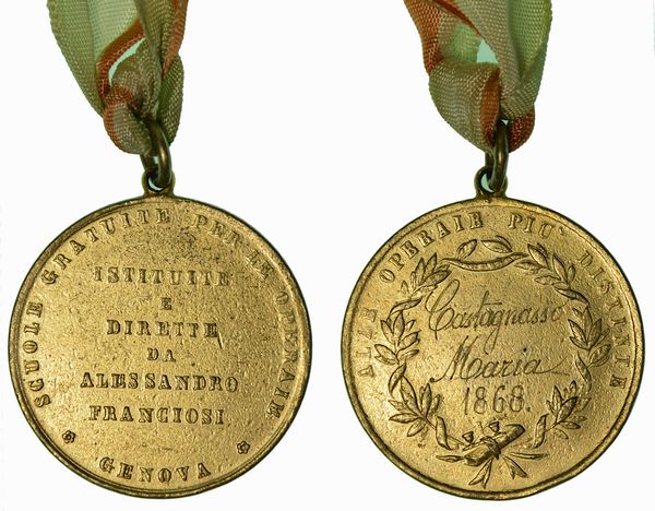 GENOVA. Scuole gratuite per le operaie istituite e dirette da Alessandro Franciosi. Medaglia premio in bronzo dorato assegnata a Castagnasso Maria 1868.  - Asta Numismatica - Associazione Nazionale - Case d'Asta italiane